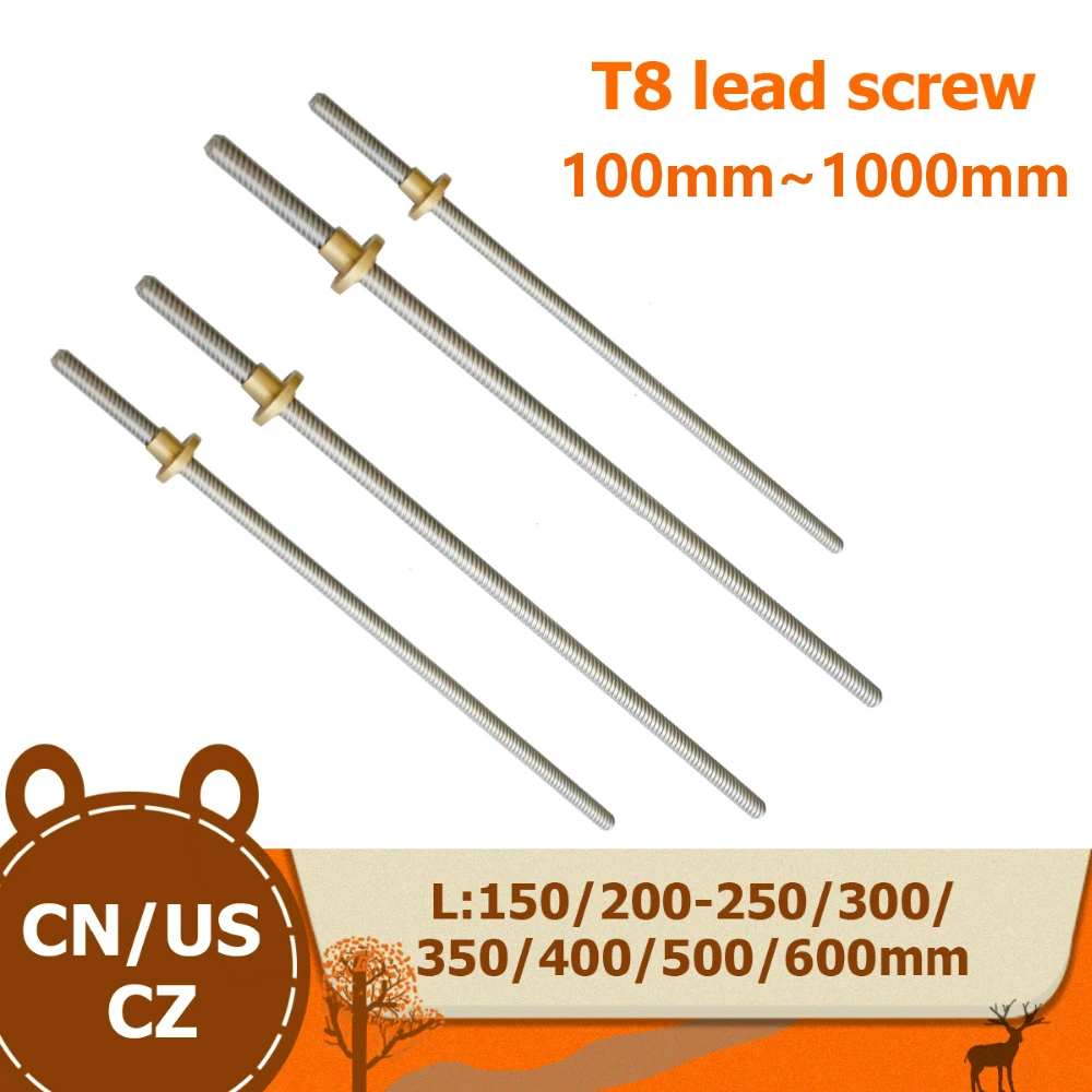 

T8 Lead Screw OD 8mm Pitch 2mm Lead 8mm 100mm 200mm 300mm 350mm 400mm 500mm 600 mm with Brass Nut for Reprap 3D Printer