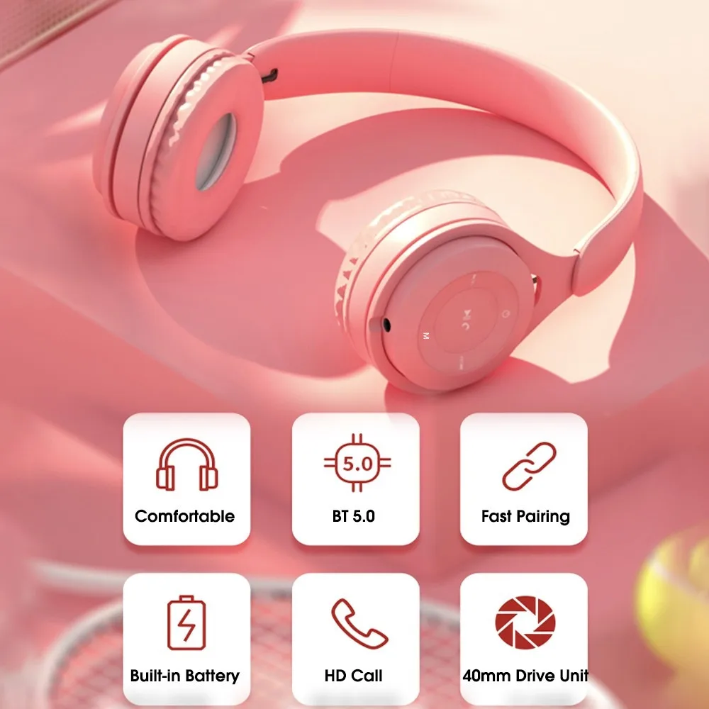 

Wireless Headphones Macaron Color Hifi Music Auto Pairing Bluetooth 5.0 Earphones Can Inserted TF Card Blue Pink Yellow Headsets