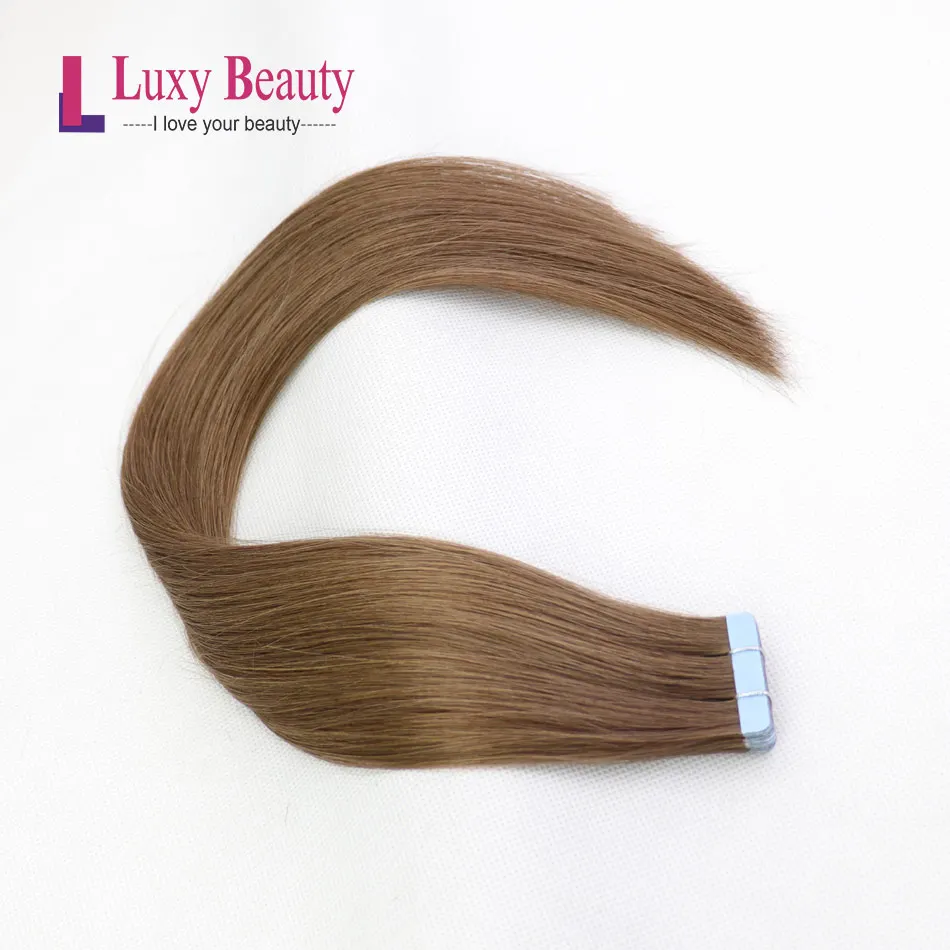 LuxyBeauty# 6 Средне-коричневая лента для наращивания волос Человеческие волосы Реми Прямые двухсторонние уточные волосы на клее 1"- 22"