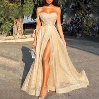 shiny golden sequins prom dress 2020 glitter sparkle sexy slit formal dress one shoulder side sleeves gala long party dress
