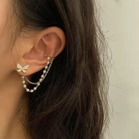 elegant pearl chain ear cuffs rhinestone butterfly stud earrings for women girls fashion metal ear clips jewelry gifts
