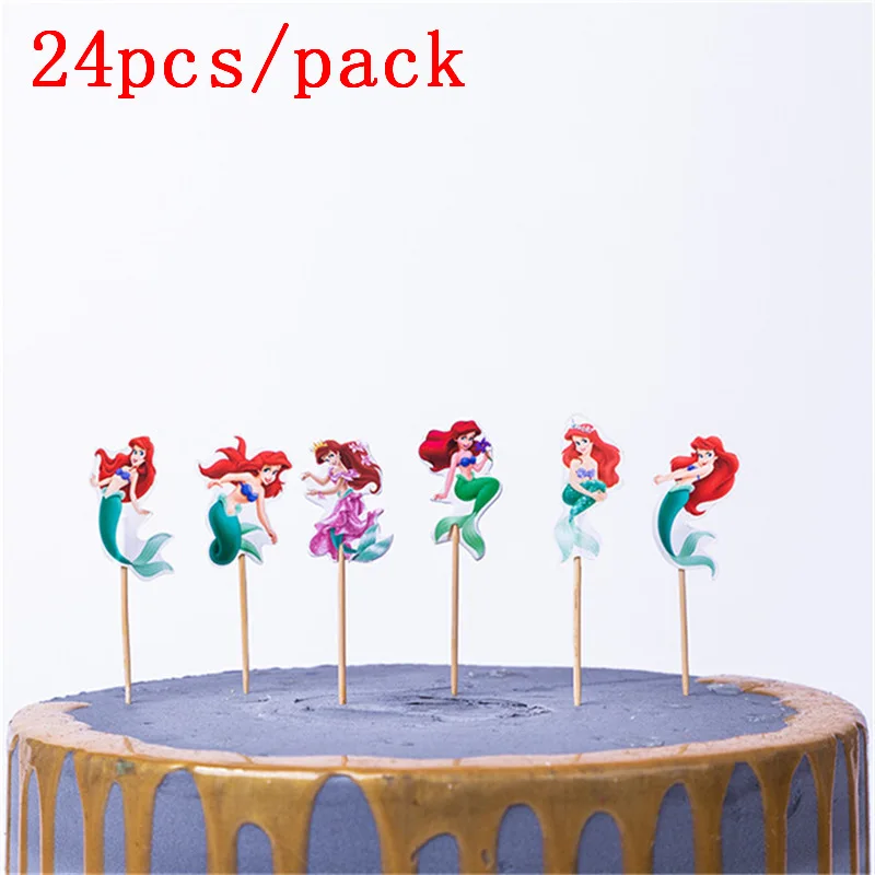 24 звёздочка мультяшная Русалка бумажные топперы для кексов день рождения