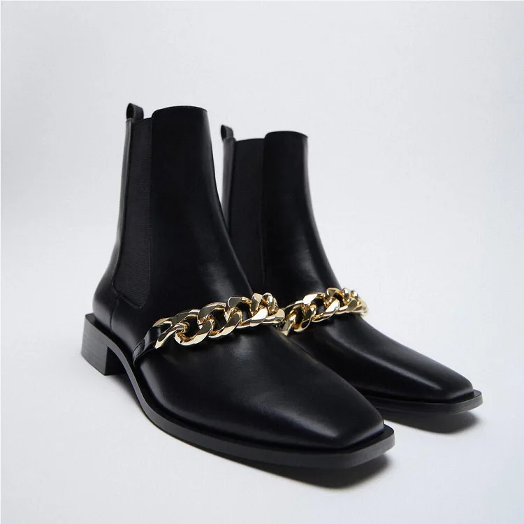 

ZA Women's Boots Autumn And Winter New Small Square Head Metal Chain Boots Low Heel Sleeve Stretch Chelsea Short Boots