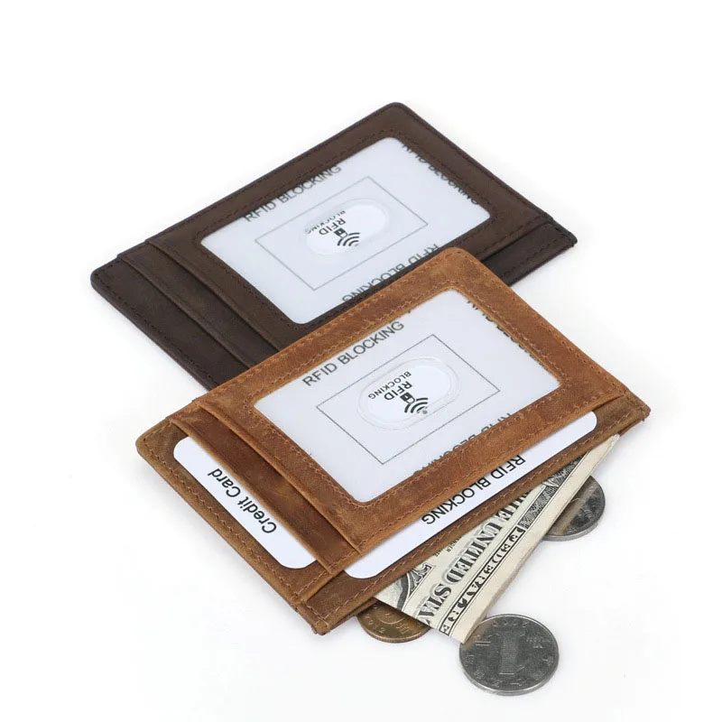 Men's Genuine Leather Card Holder Ultra-Thin RFID Coin Wallet Male Crazy Horse Cowhide Short Paragraph Simple Fashion Bank | Багаж и
