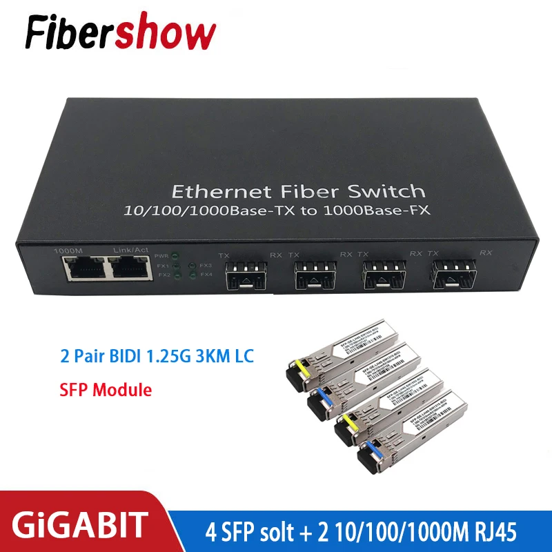 Ethernet коммутатор Gigabit волоконно оптический медиа конвертер 4 sfp 2 RJ45 10/100/1000 м