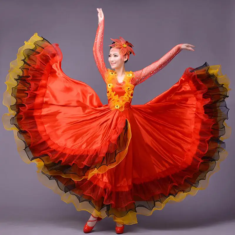 New Lad Full-skirted Dress The Opening Dance Modern Dance Full-skirted Dress Spain Bullfighting Dance Skirt Long Sleeve Costumes - Цвет: Red 720 degrees