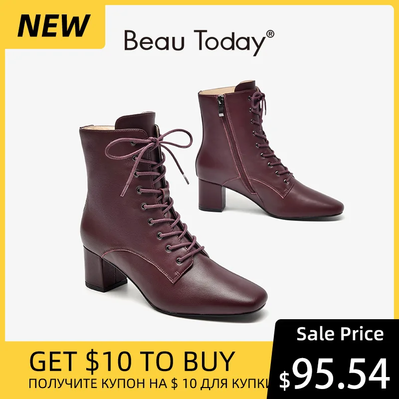 

BeauToday/женские ботильоны из овечьей кожи; Изящная женская обувь на высоком квадратном каблуке со шнуровкой и боковой молнией ручной работы; М...