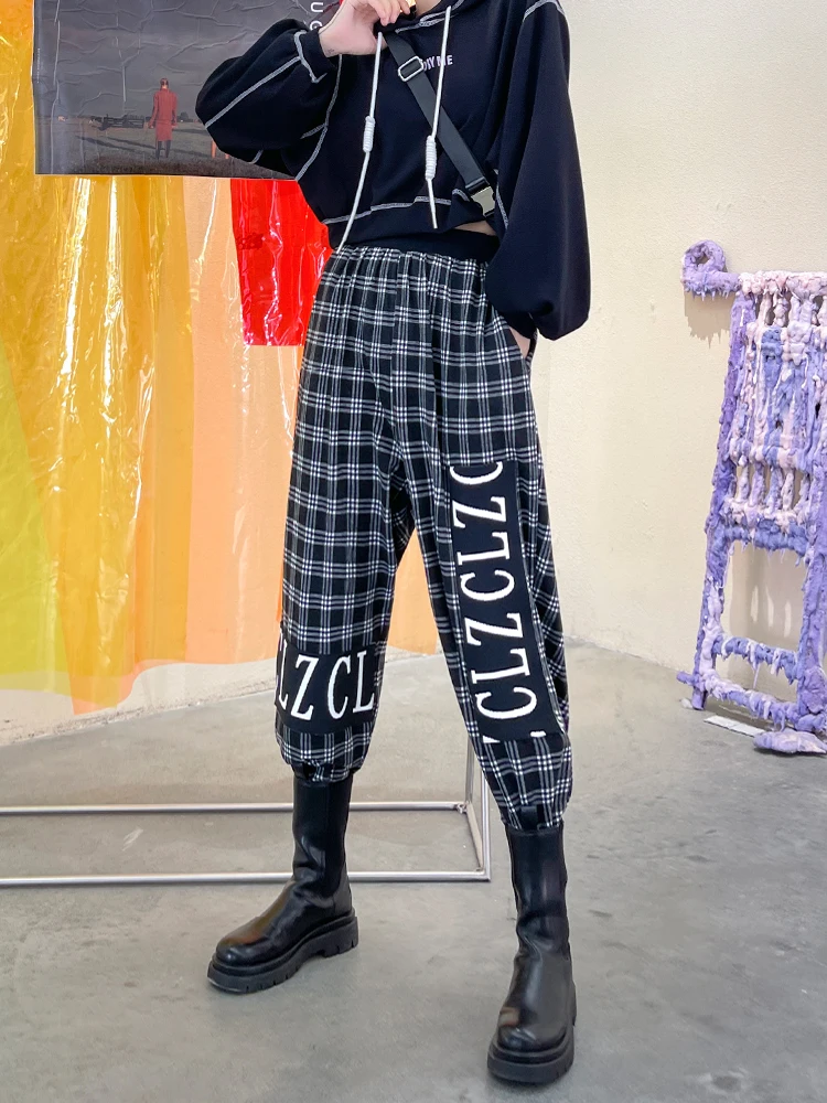 

XUXI Plaid Splicing Pants Spring Autumn 2021 New Fashion High Waist Loose Nine-point Pants Thin Casual Pantalon Femme E492