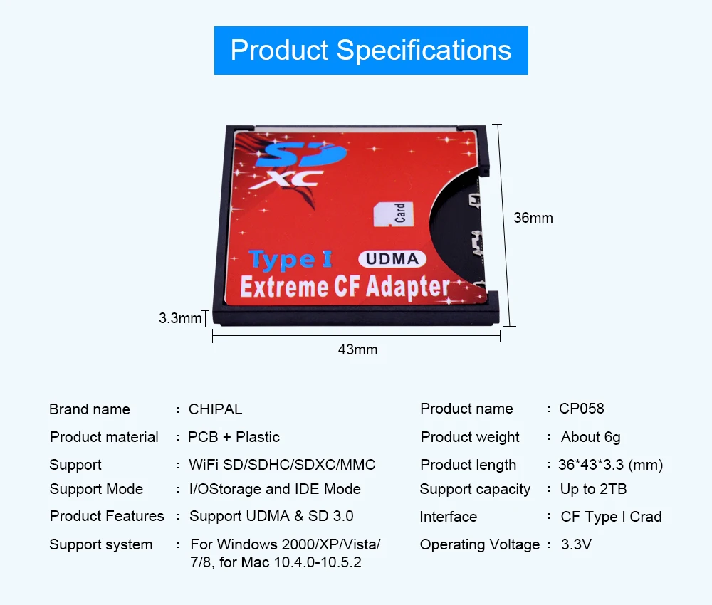 Адаптер CHIPAL UDMA Micro SD на CF карт MMC SDHC SDXC к стандартному Type I кардридер для