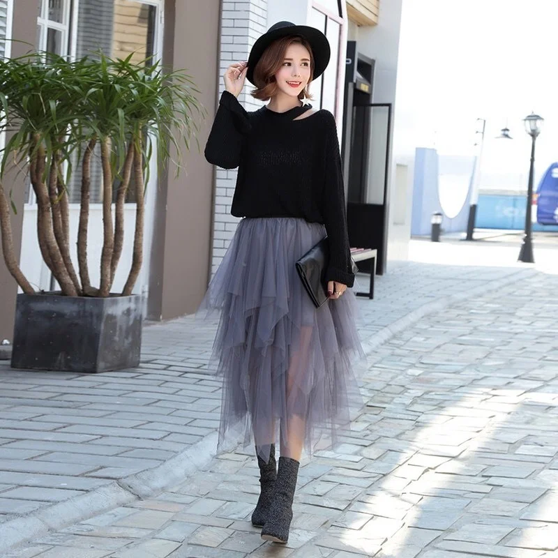 

Grey Mesh Ball Gown Spring 2021 Women Fluffy Pink Tulle Skirts Vintage Sexy Elegant Evening Party Club Cute Girls Pleated Skirt