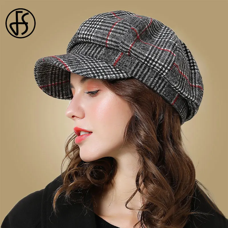 Женская Бейсболка в клетку FS Повседневная теплая шапка из хлопка восьмиугольном