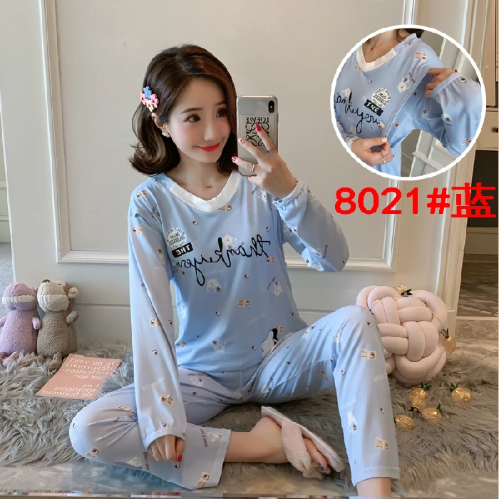 

2021 Spring Autumn Maternity Pajamas Breastfeeding Pregnant Women Cotton Nursing Pjs Suit Sleepwear Pregnancy Nightgown Clothes