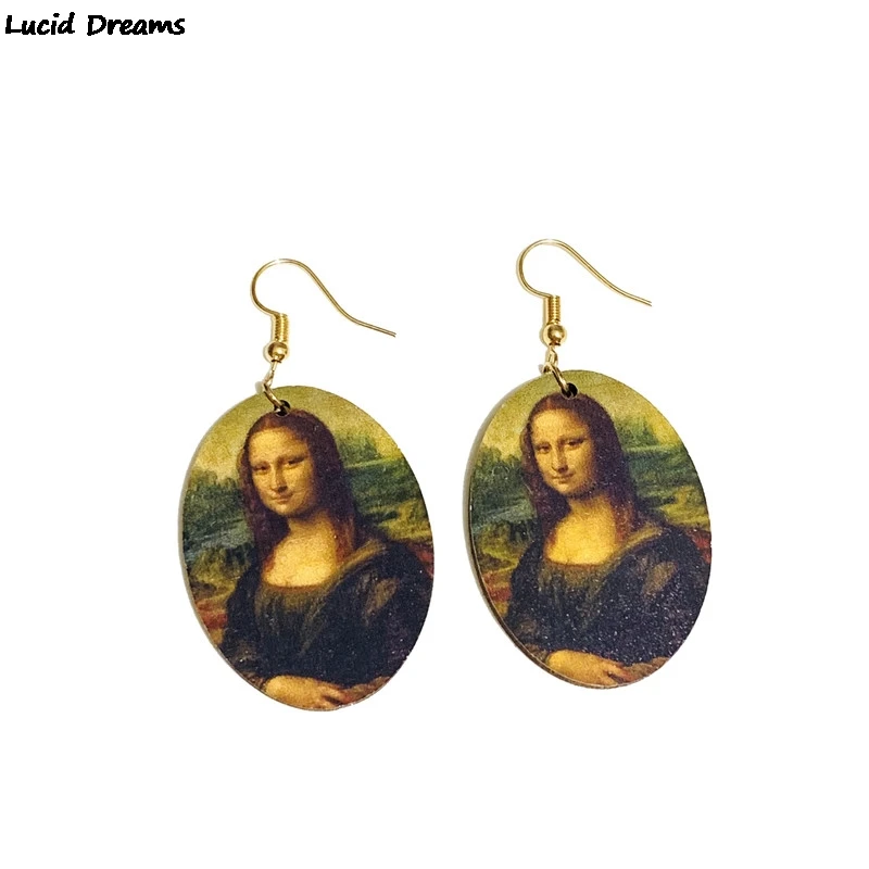 Retro Oil Painting Art Van Gogh Starry Night Mona Lisa Drop Earrings Vermee Women Wood Vintage Earrings Fashion Jewelry Bijoux