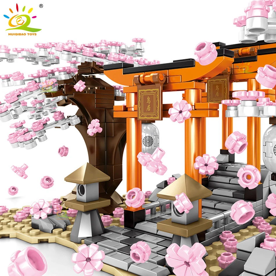 HUIQIBAO 647 шт Вишневый цветок фестиваль Shrine Torii улица вид город строительные блоки
