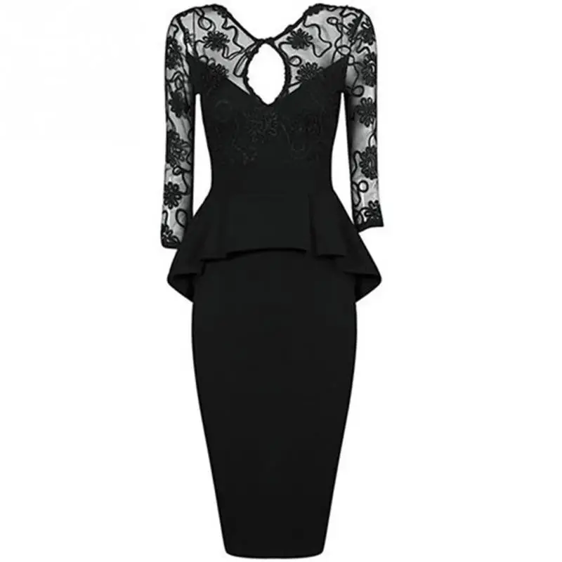 Женское Кружевное облегающее платье с баской ажурное круглым вырезом и