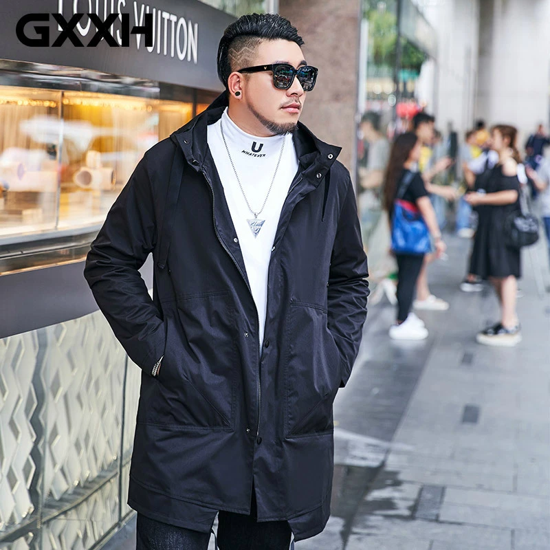 GXXH плюс большой размер мужской Tide бренд Fat Guy пальто Осень Свободный плащ Мужская Длинная ветровка полиэстер с капюшоном пальто