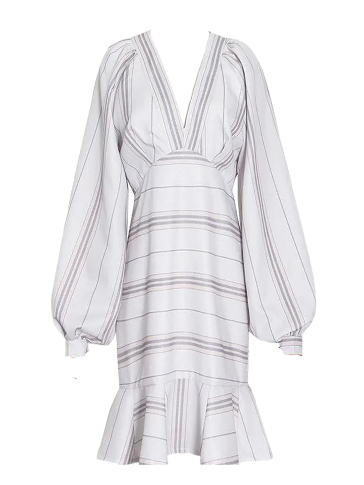 

Retro stripes sexy deep V-neck lantern sleeves high waist bag hip hem ruffle dress ladies spring 2021 new fashion personality