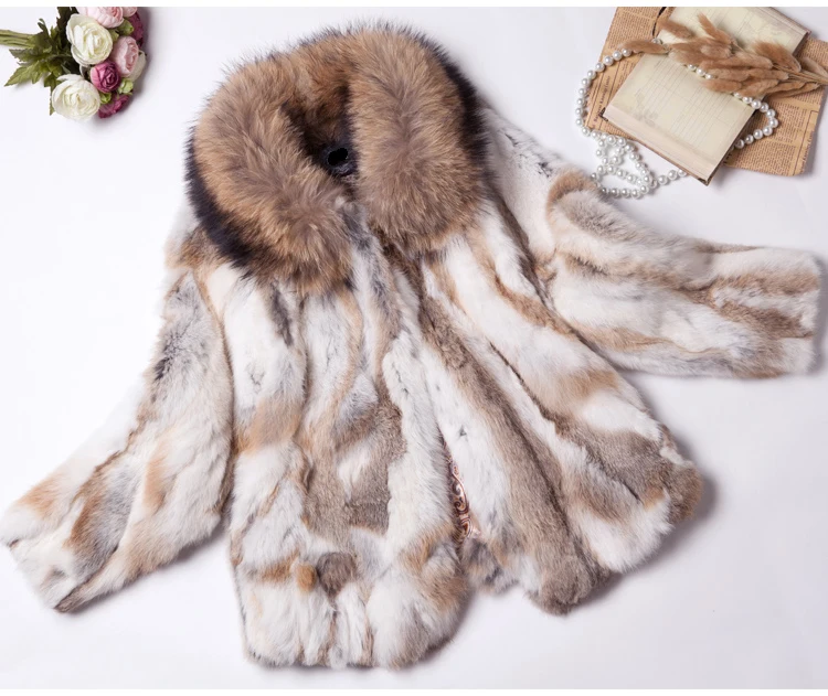 New women's Real genuine natural rabbit fur coat with raccoon fur collar  fashion fur jacket outwear custom any size