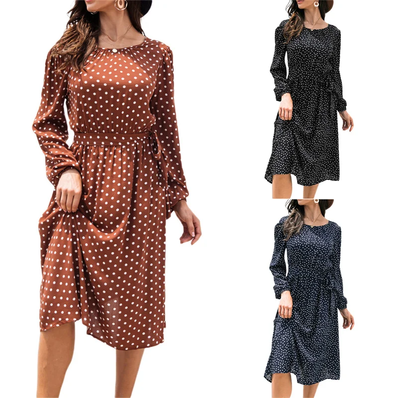 

Long Sleeve Polka Dot Dress Women Pots Printed Dresses Round Collar Long Puff Sleeve Vestidos Streetwear Maxi Dresses