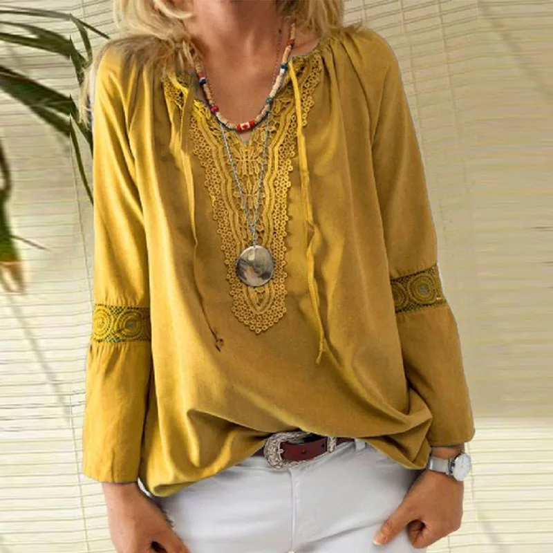 

Women Elegant V-Neck Drawstring Linen Shirt Autumn Vintage Lace Long Sleeve Blouse Tops Ladies Casual Loose Solid Home Blusa 5XL