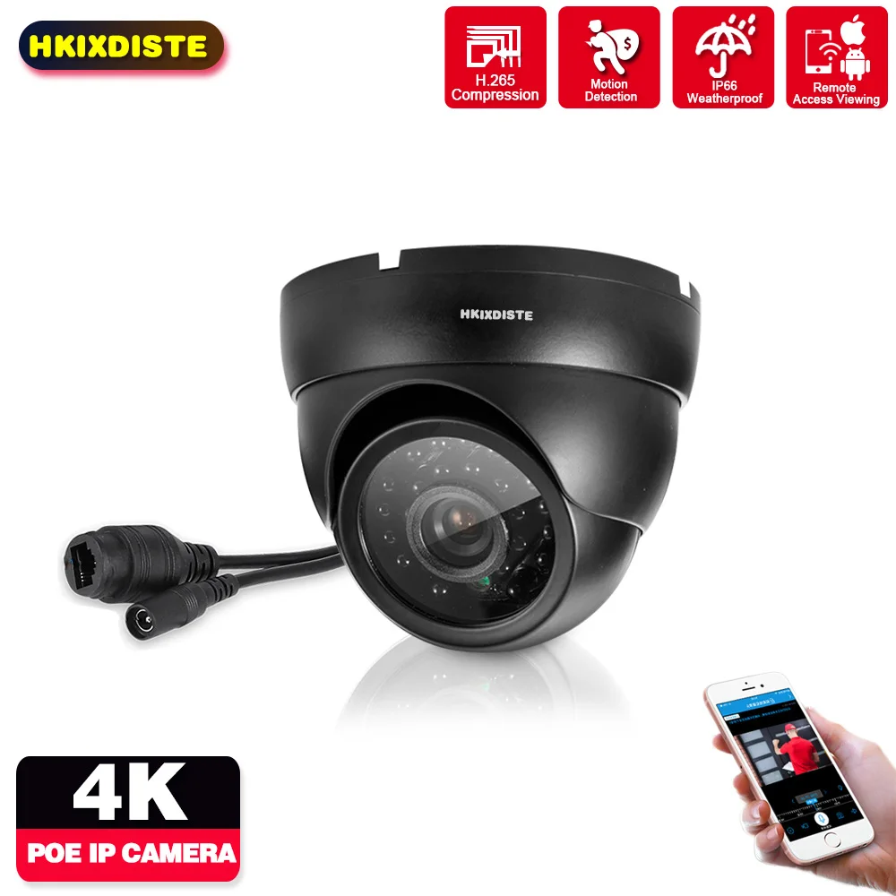 

Dome Black 4K IP Camera Outdoor Indoor Weatherproof 8MP Video Surveillance Security CCTV Camera 8MP POE Camera For Audio POE NVR