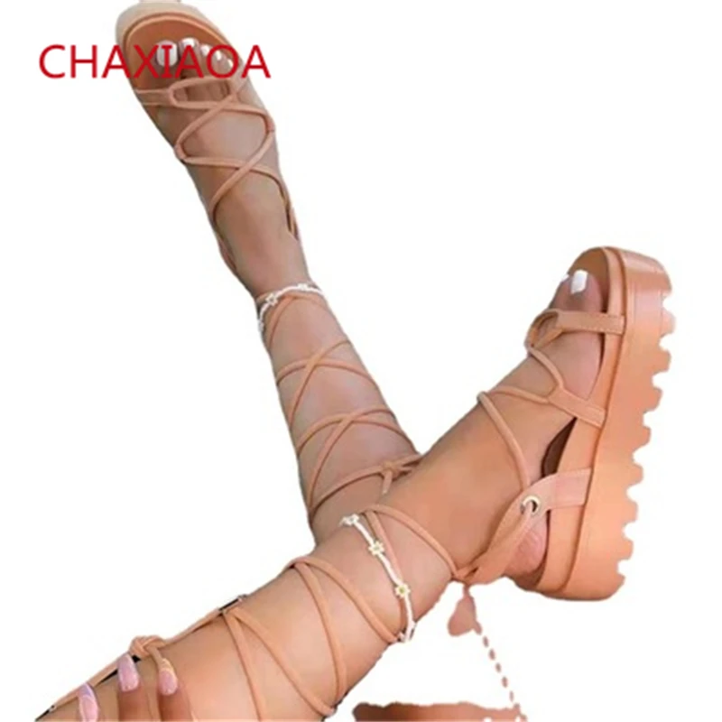 

CHAXIAOA Women Summer Gladiator Sandals Open Toe Cross-tied Casual Shoes Woman Cut-out Creepers Footwear Ladies Platform Sandals