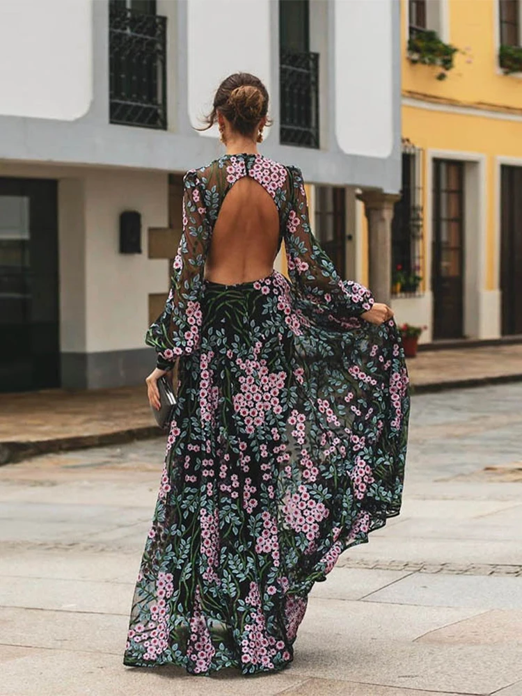 Vacation Dresses Women A-Line Floral Print Backless Maxi Beach Dress Ladies Elegant Party Night Slim Dress Summer Beachwear
