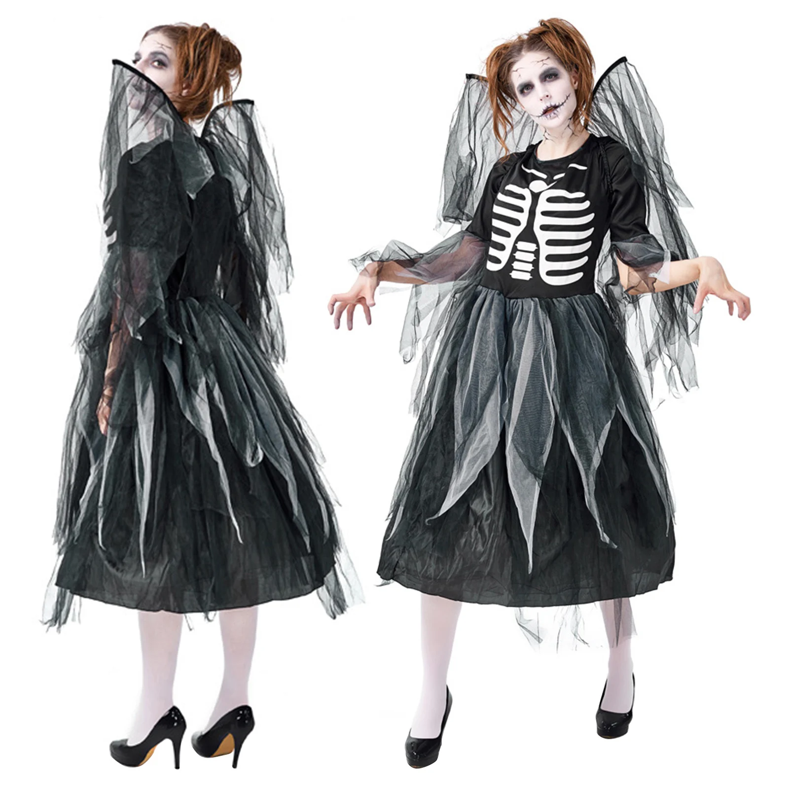 

Halloween Carnival Costume Adult zombie skeleton print fallen dark angel Jumpsuit gauze skirt day of the dead vampire dress