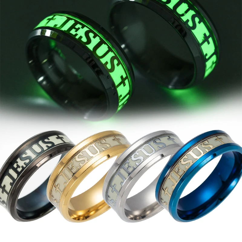 Luminous Jesus Cross Christ Ring Titanium Steel Engagement Ring Glowing in the Dark Ladies Men’s Jewelry Couples Exquisite Gifts