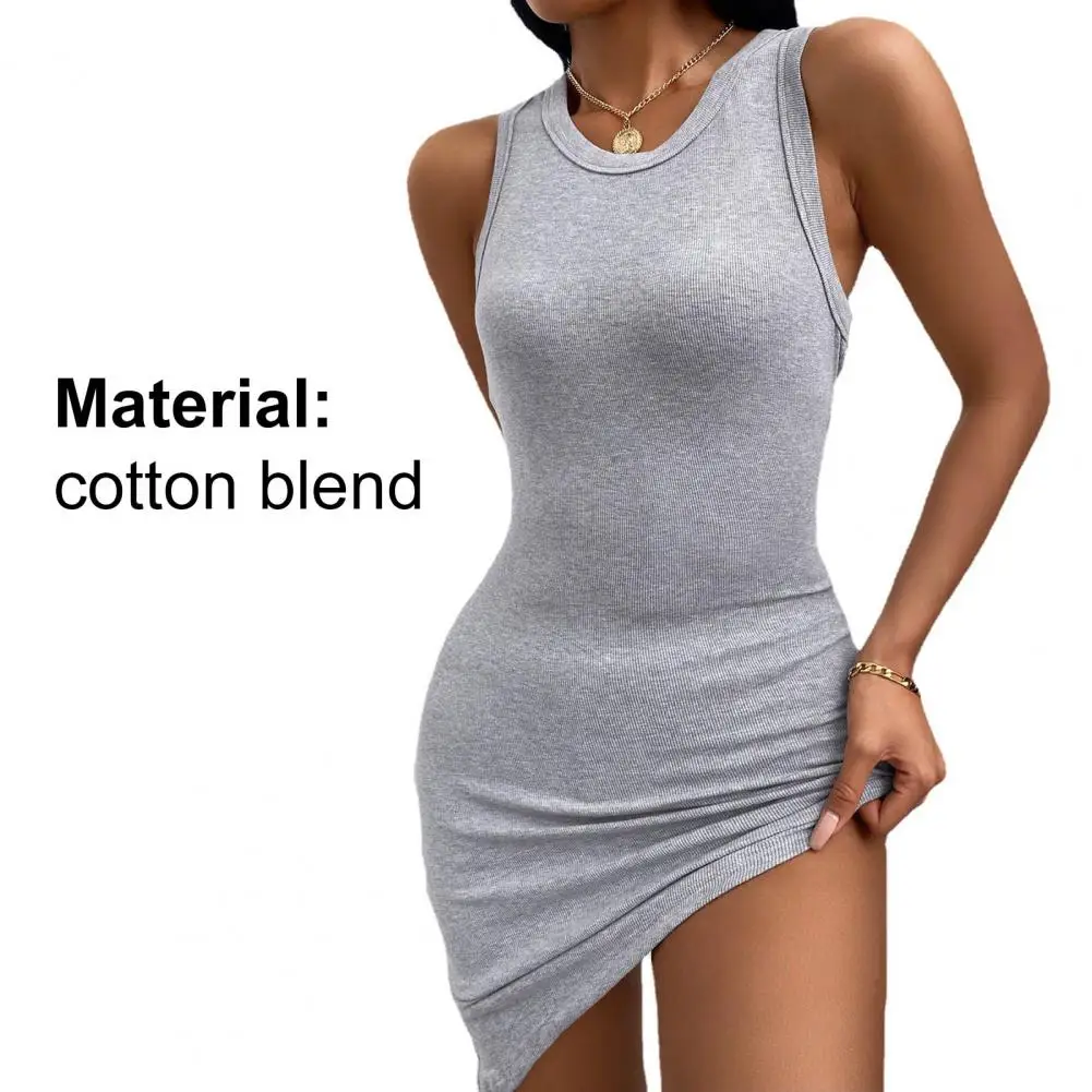 

Sexy Women Dress O Neck Solid Color/Striped Sleeveless Ribbed Bodycon Dress