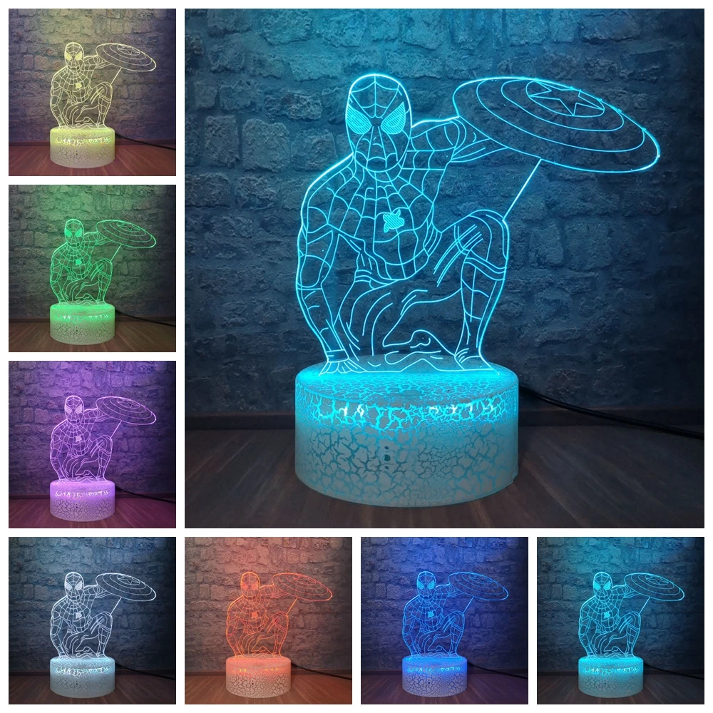 Мстители комиксы Marvel Человек паук Капитан Америка щит 3D лампа детская