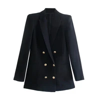 women fashion double breasted office wear blazer coat vintage long sleeve welt pockets female outerwear chic veste