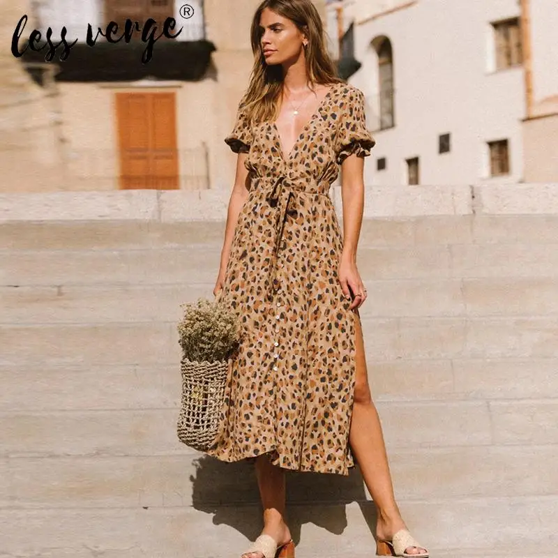 Женское платье с леопардовым принтом Lessverge длинное пляжное коротким рукавом и v