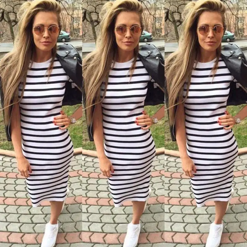 

2020 New fashion Simplicity party long dress women stripe casual dresses