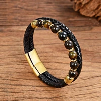2020 new fashion stone men bracelet round natural stone genuine leather bracelets stainless steel magnet clasp mens jewelry gift