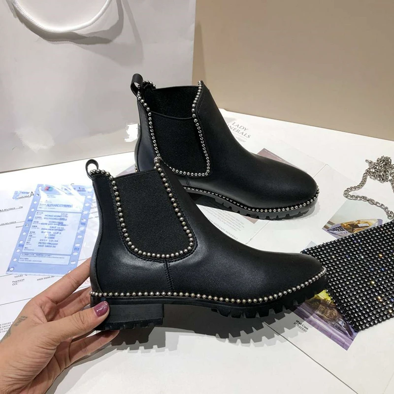 

Women Elastic sleeve boots Small rivet ankle shoes Genuine Leather shoes Round toe shoes Autumn Winter