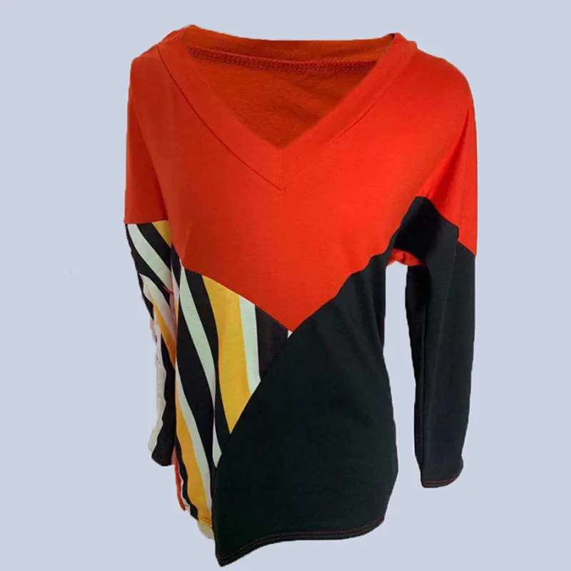 2019 Новая Осенняя полосатая футболка с v-образным вырезом и длинными рукавами