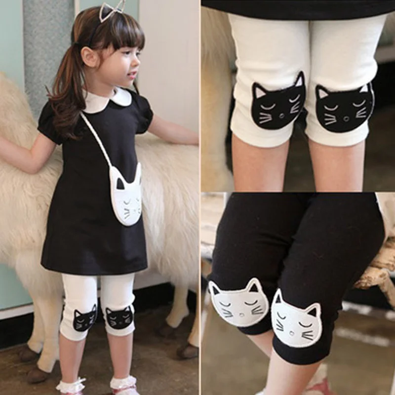 

2021 Hot Summer 2-10 Years Old Baby Kids Children White Black Green Cat Print Basic Capri Thin Little Girls Knee Length Leggings