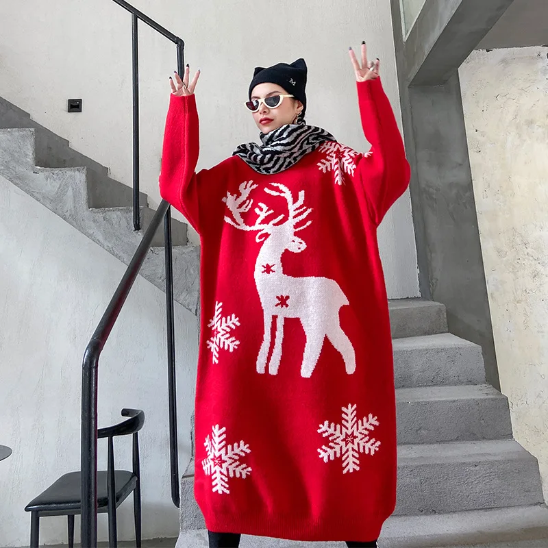 

Рождественский свитер осень-зима утолщенный для ношения длинной женщины на гуманом ветре с вязаным длинным рукавом платье