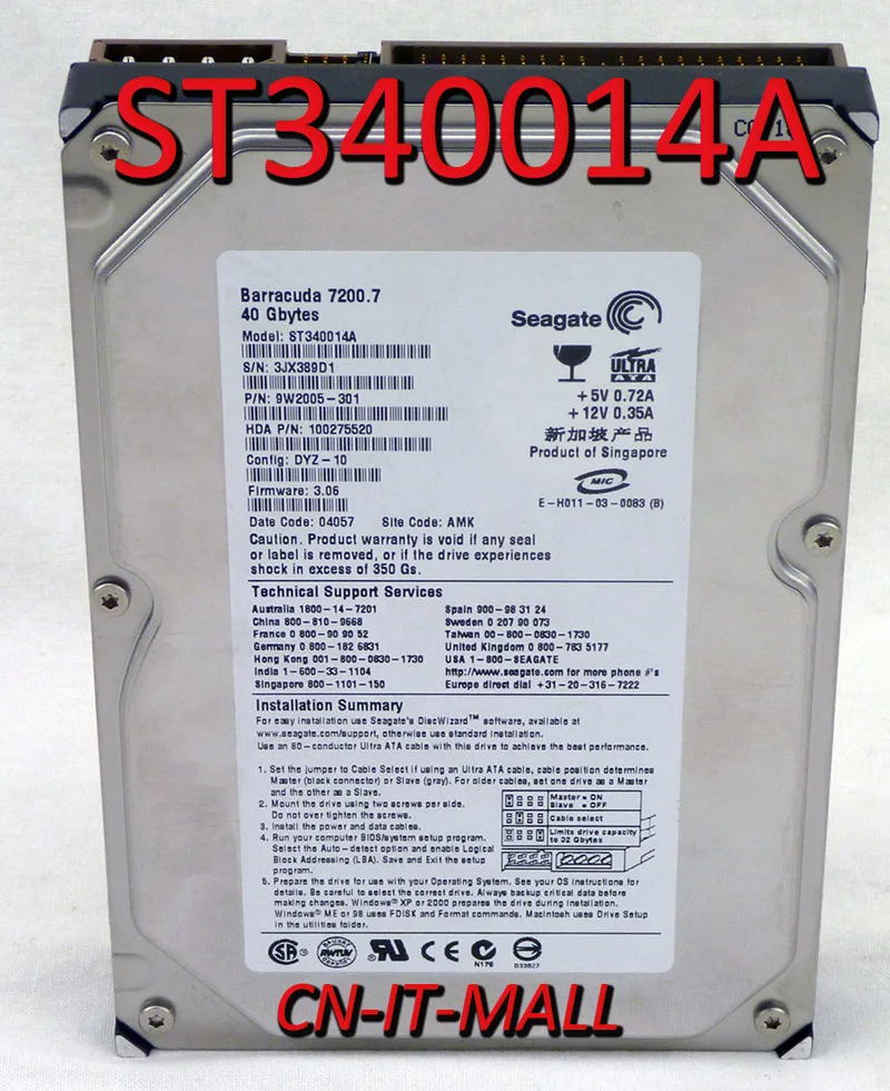 

Seagate BarraCuda 7200.7 ST340014A 40GB 7200 RPM 2MB Cache IDE Ultra ATA100 / ATA-6 3.5" Hard Drive