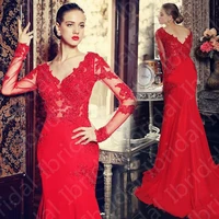 2021 charming red mermaid lace evening dresses long sleeve v neckline wedding guest gowns back out sweep train appliqued on sale