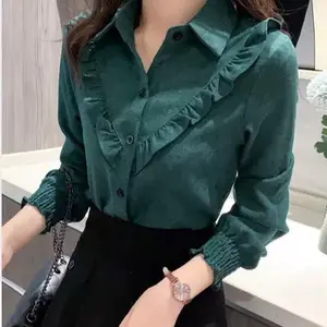Элегантные женские вельветовые рубашки с рюшами, Осенний Модный корейский Топ с длинным рукавом, Повседневная Свободная Женская блузка с отложным воротником
