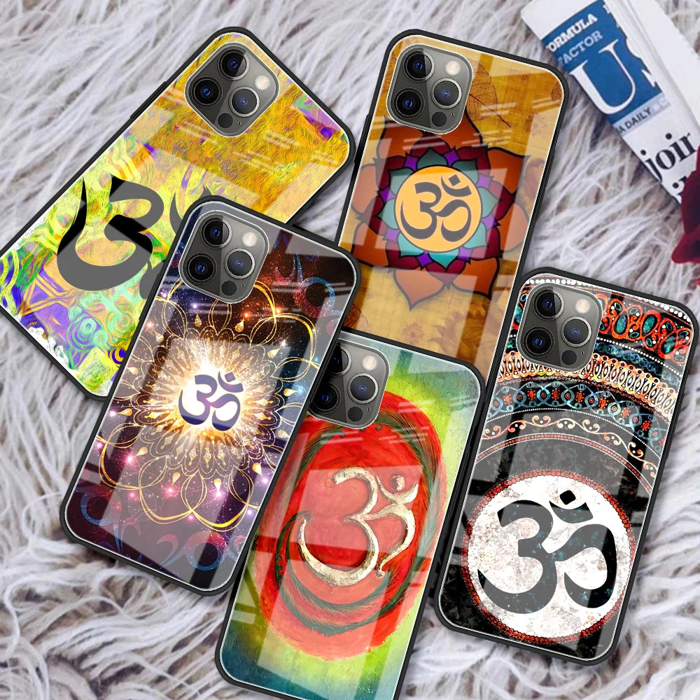 

Glass Case for iPhone 11 7 12 Pro 7 8 XR X 6 6S Plus 5 XS Max SE Tempered Funda Fashion Smartphone Cover Aum Om Hindu Buddhist