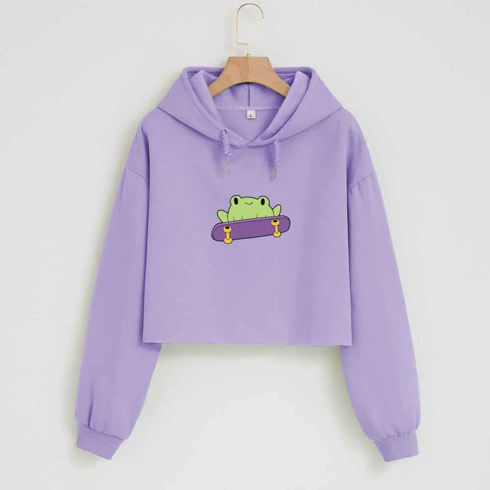 

Purple Crop Top Hoodie Cute Cartoon Frog Graphic Crop Top Hip Hop Streetwear Jacket Kawaii Clothes Long Sleeve Sweatshirt