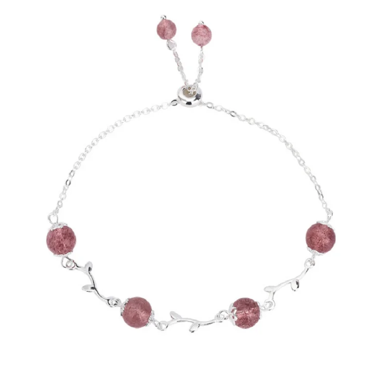 

2021 S925 Silver Korean Strawberry Quartz Bracelet Flower Leaf Pink Crystal Sweet and Romance Women Gift