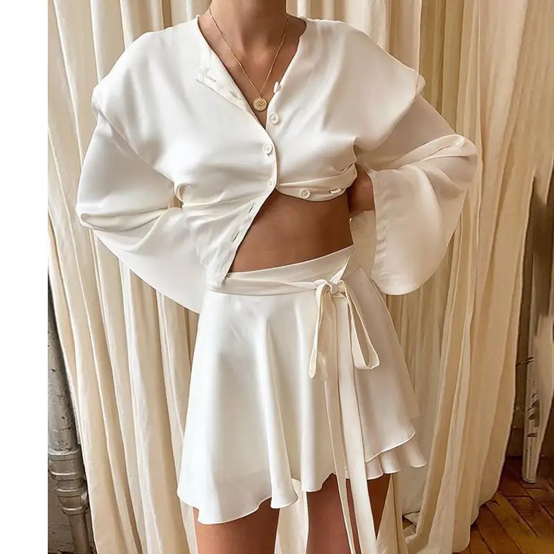 Женский атласный комплект из двух предметов элегантный короткий топ с длинным