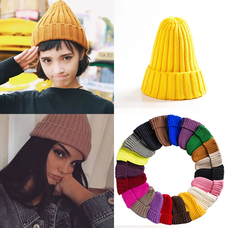 

Wholesale Cotton Blends Unisex Hat Solid Warm Soft Hip Hop Knitted Hats Men Winter Caps Women's Skullies Beanies For Girls