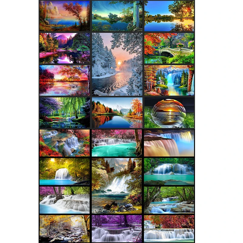 Алмазная вышивка крестиком &quotВесеннее дерево водопад пейзаж&quot полный
