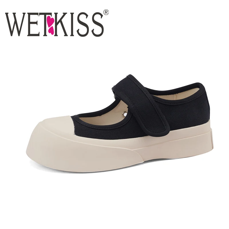 

WETKISS Canvas Mary Jane Platform Shoes Women Round Toe Velcro Single shoes Vintage Casual Flat bottom Little white shoes