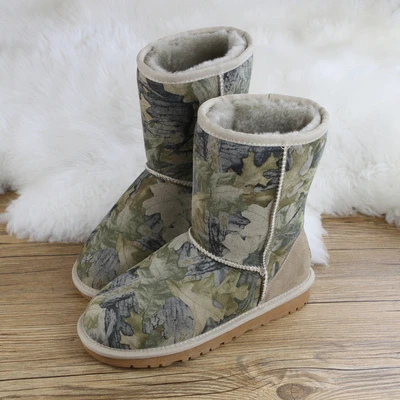 Forest camouflage G& ZaCo/роскошные зимние женские ботинки из овечьей кожи; ботинки до середины икры на натуральном овечьем меху; хлопковая обувь; нескользящие камуфляжные шерстяные ботинки - Цвет: Forest camouflage